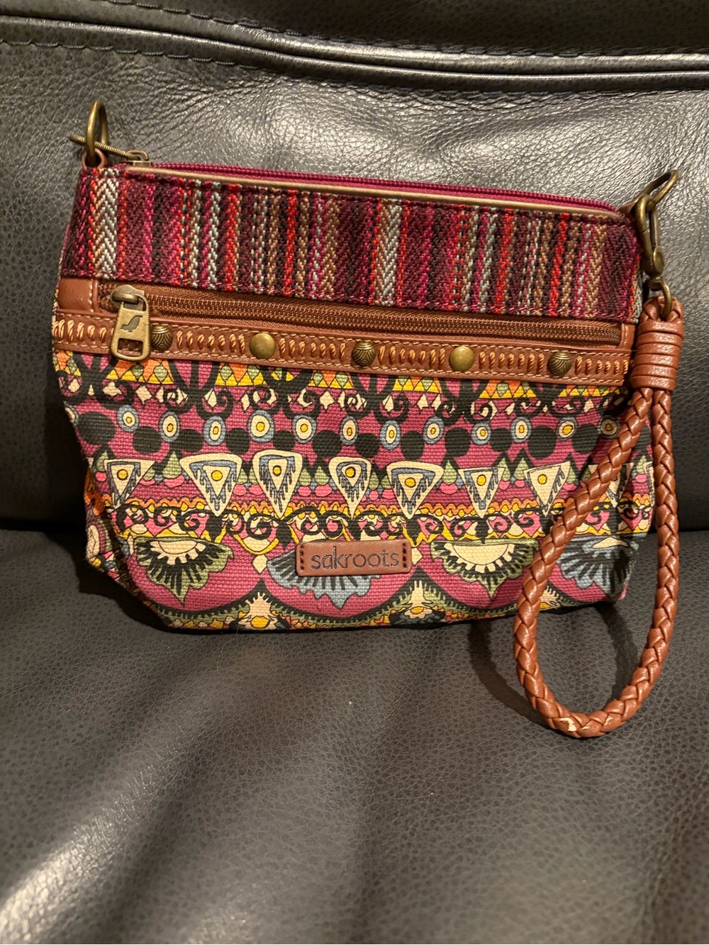 Sakroots Multicolor Patterned Wristlet Clutch - Pink, Brown, Yellow